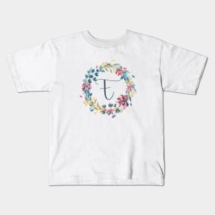 Floral Monogram E Colorful Full Blooms Kids T-Shirt